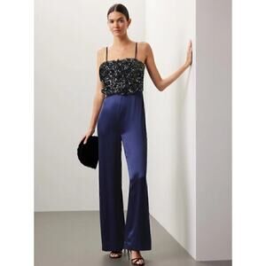 Badgley Mischka Navy Sequin Jumpsuit Womens 6 Formal Gala Evening